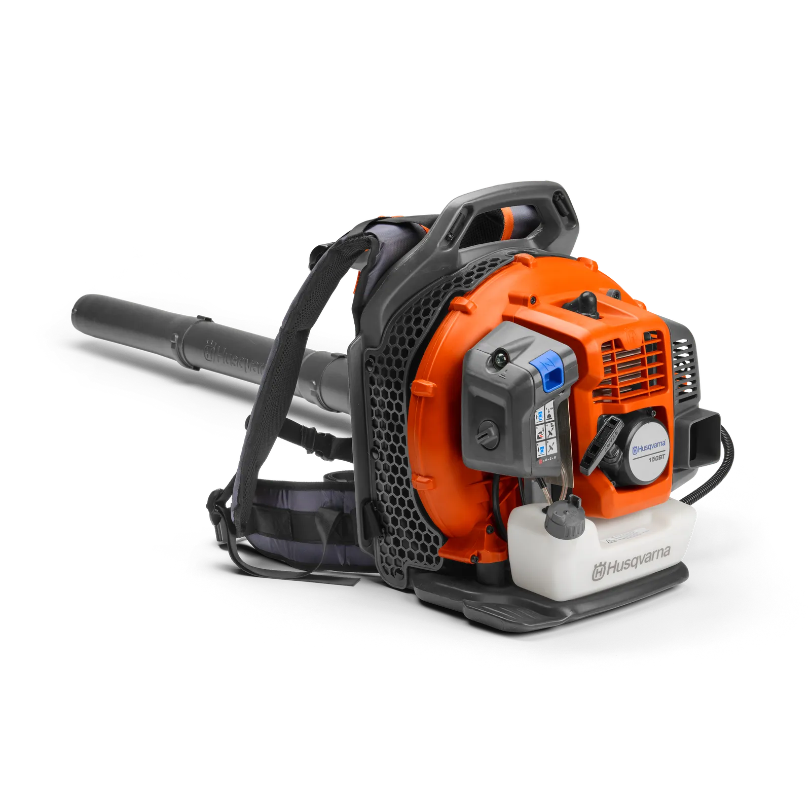 Husqvarna 150BT gas backpack blower with the product body, integrated harness and blower tube.