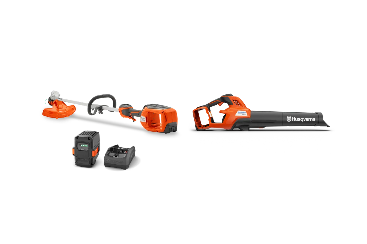 Husqvarna 320iL and 230iB package render showing a string trimmer, blower, one battery and one charger.