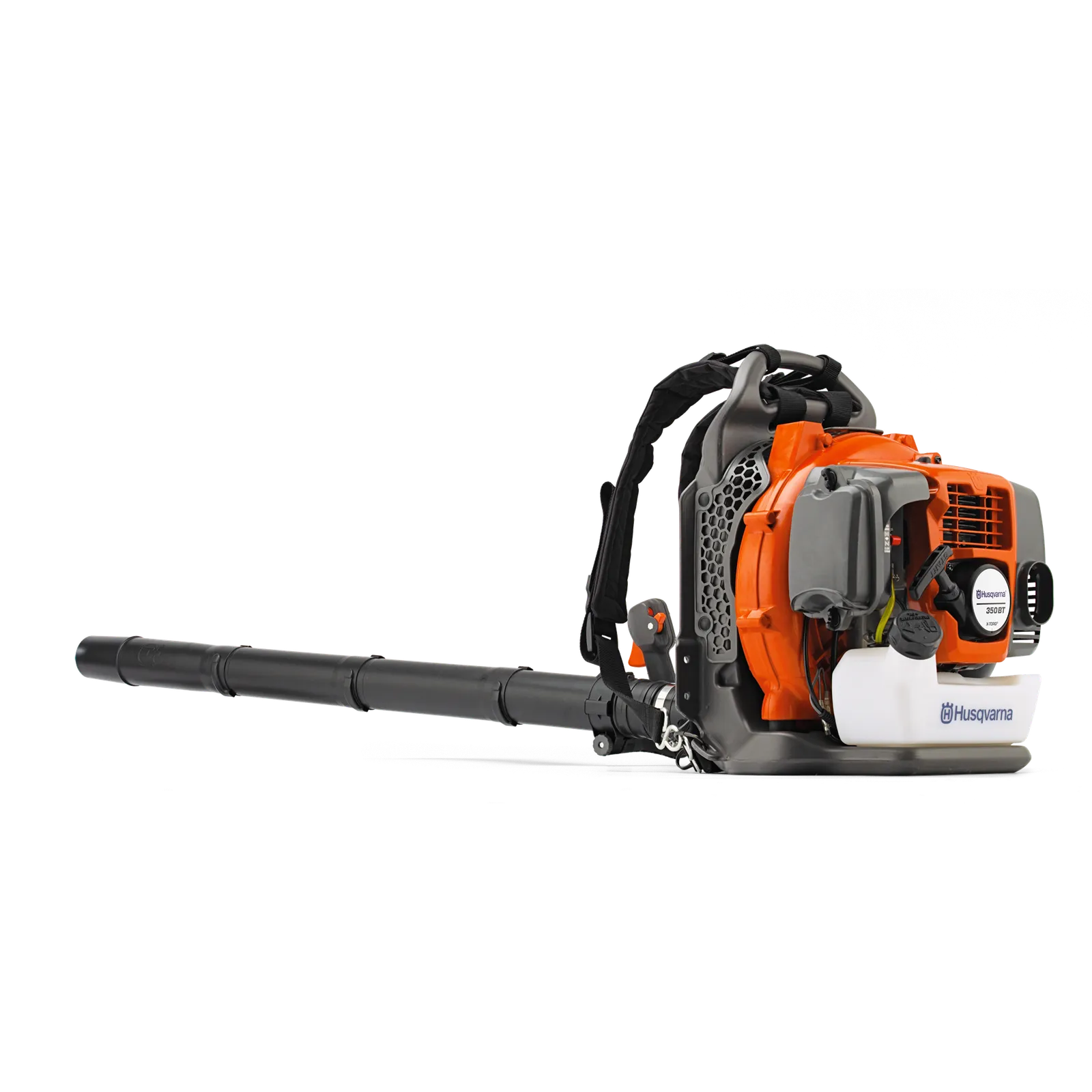 Husqvarna 350BT gas backpack blower with the product body, integrated harness and blower tube.