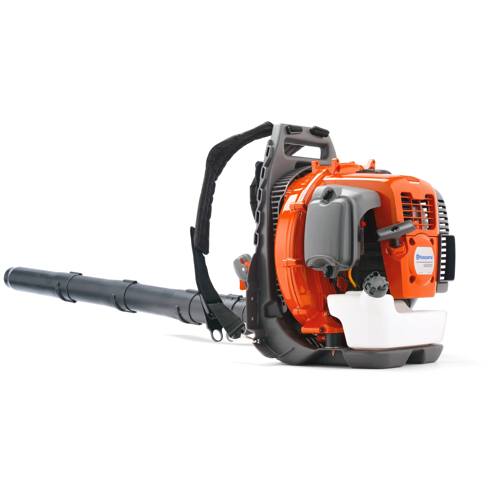 Husqvarna 560BTS orange-and-gray gasoline backpack blower with round nozzle and harness; exact model decal visible; studio-format image, not a tested sample.