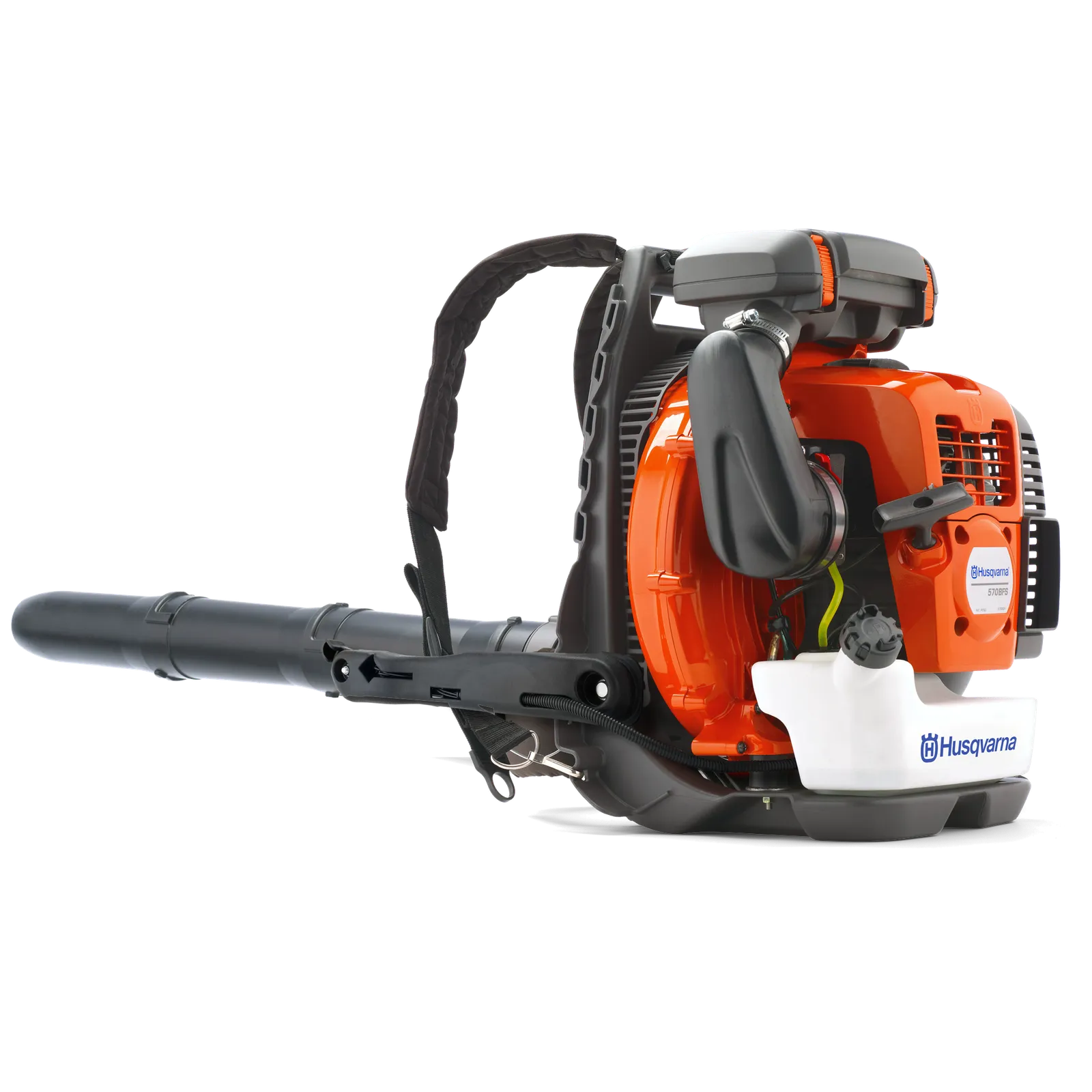 Husqvarna 570BFS orange-and-gray gasoline backpack blower with round nozzle and harness; exact model decal visible; studio-format image, not a tested sample.