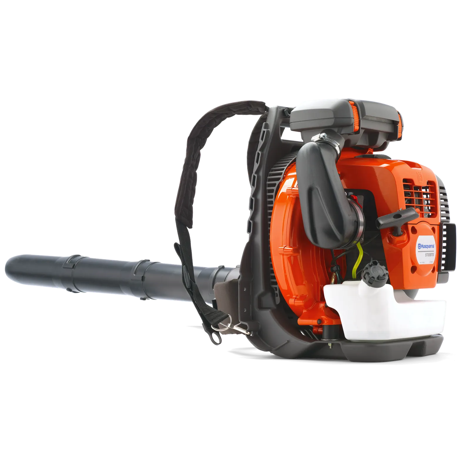 Husqvarna 570BTS orange-and-gray gasoline backpack blower with round nozzle and harness; exact model decal visible; studio-format image, not a tested sample.