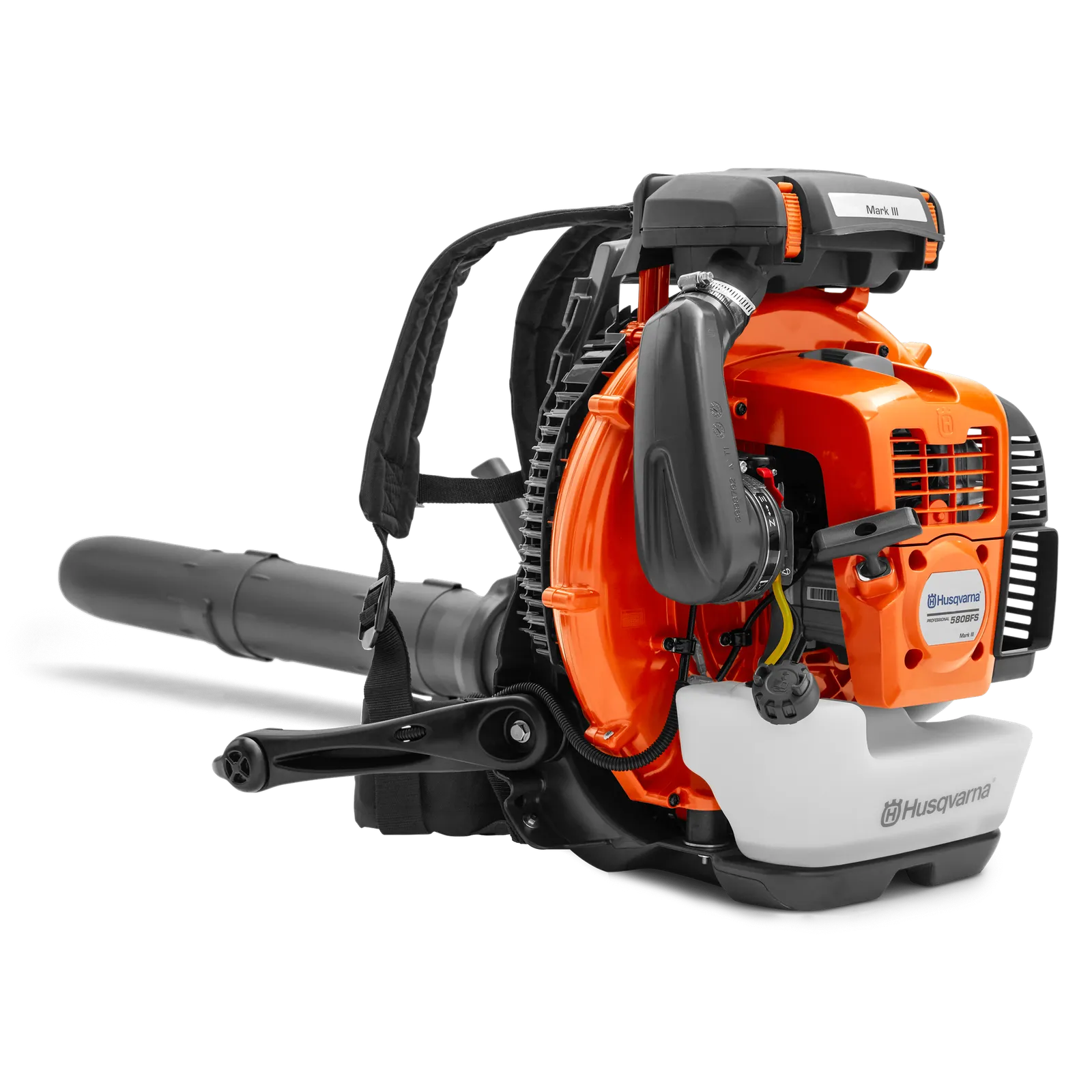 Husqvarna 580BFS Mark III orange-and-gray gasoline backpack blower with round nozzle and integrated harness; exact model and Mark III decals visible; official studio-format image, not a tested sample.