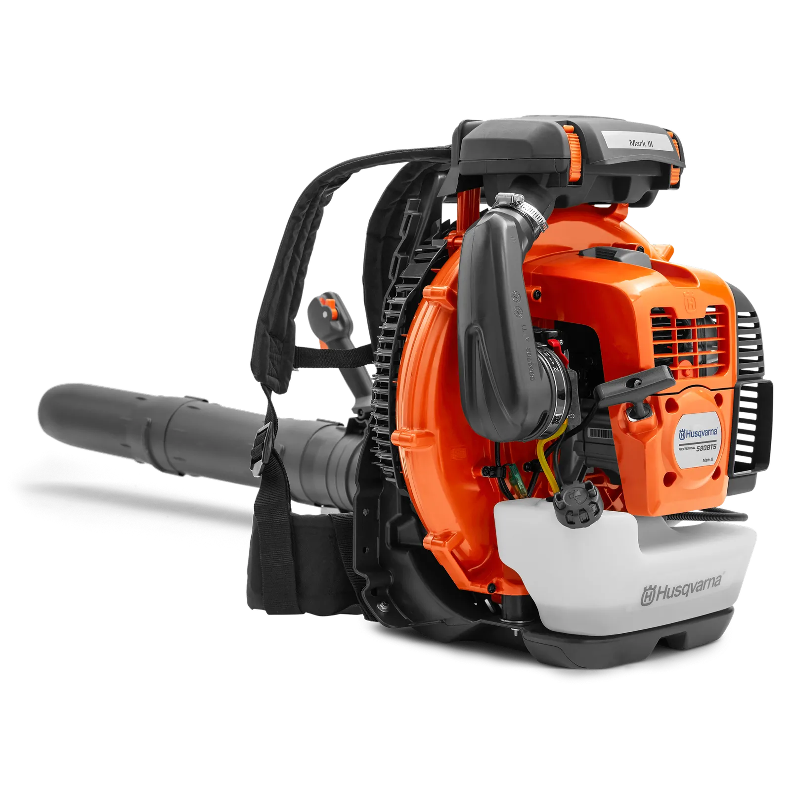 Husqvarna 580BTS Mark III orange-and-gray gasoline backpack blower with round nozzle and integrated harness; exact model and Mark III decals visible; official studio-format image, not a tested sample.