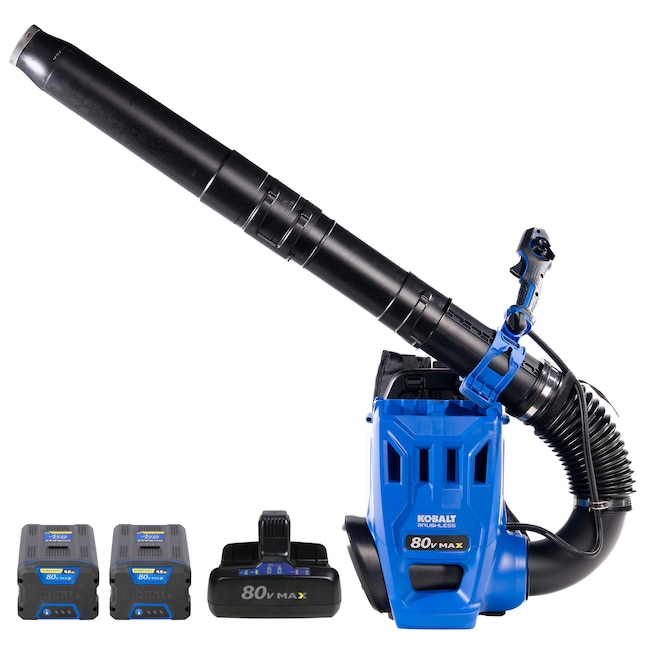 Kobalt KBB 4280D-06 exact kit listing image showing the 80V backpack blower, two 4Ah batteries and charger.