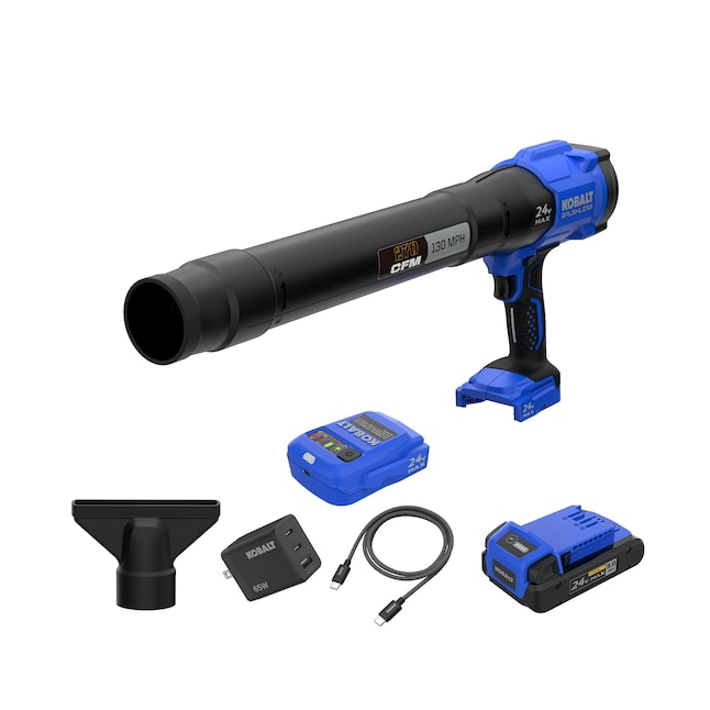 Imagen de la ficha de Lowe’s del kit de soplador Kobalt KHB 324-06 24V con una batería de 3.0 Ah y componentes del cargador; se debe comprobar la revisión exacta de la batería para confirmar si corresponde al retiro de la CPSC 26-611.
