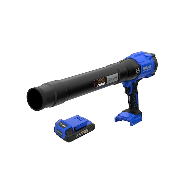 La imagen de Lowe’s de Kobalt KHB 324-06A muestra el cuerpo del soplador de mano y una batería 24V; no identifica el modelo/puerto USB-C de la batería ni muestra todos los accesorios indicados.