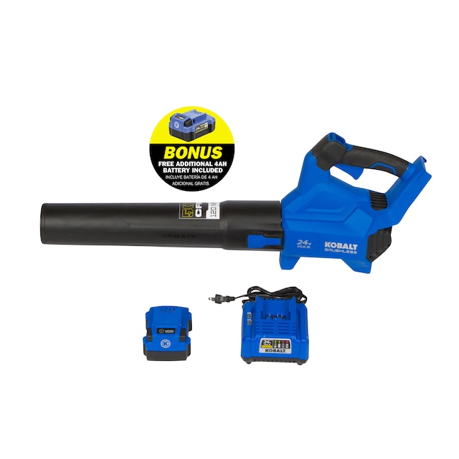 Imagen de la ficha de Lowe’s del kit de soplador Kobalt KHB 4224AB-03 con cargador y un gráfico que anuncia una batería adicional de 4 Ah; el contenido exacto de la ficha son dos baterías de 4 Ah.
