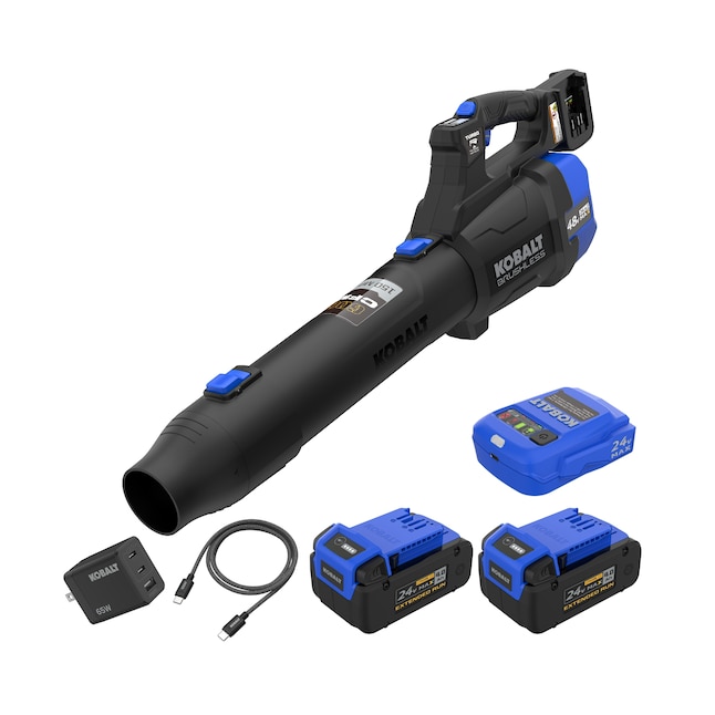 Imagen de la ficha de Lowe’s del kit de soplador de mano con dos baterías Kobalt KHB 4248-06. El retiro de la CPSC 26-611 nombra este kit con baterías KB 424-06; comprueba la revisión real de las baterías.
