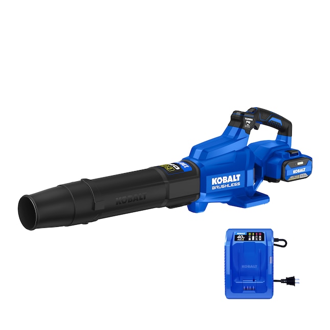 Lowe’s listing image of the Kobalt KLB 2040A-03 handheld blower with a 4.0 Ah battery and charger shown.