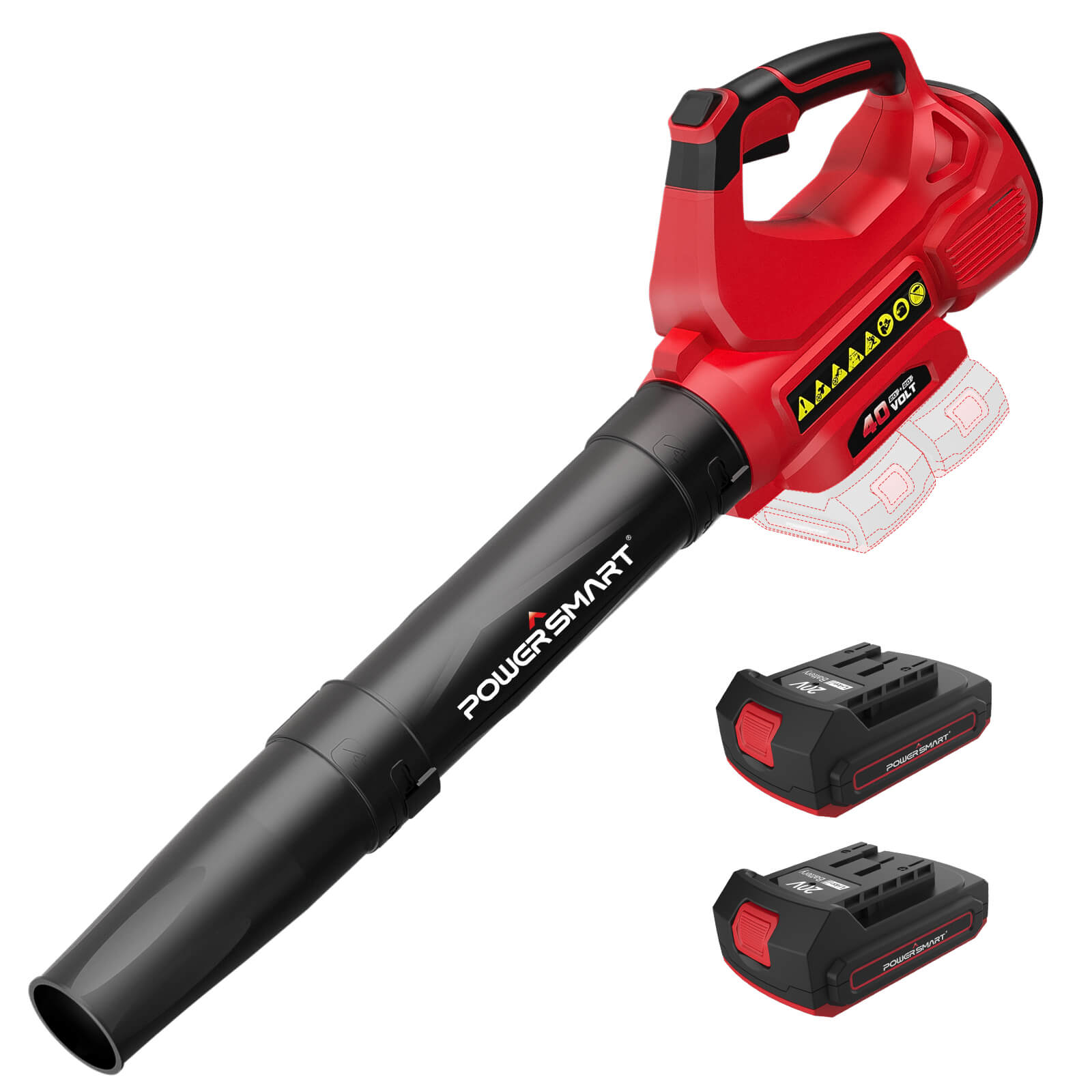 The exact DB2201B product-page image shows the 40V blower with two separate 20V battery packs; a charger is not visible.