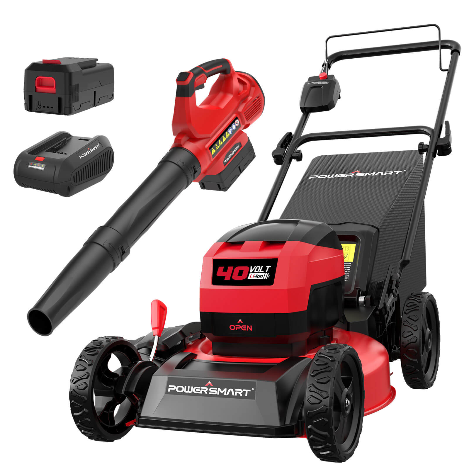 PowerSmart MB2480C kit graphic depicting a 17-inch mower, handheld 40V blower, battery and charger.