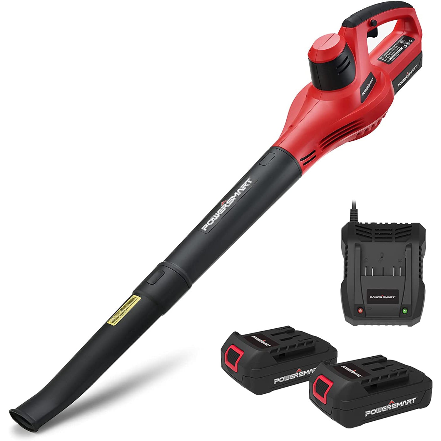 PowerSmart PS76101A-2B handheld blower with two separate battery packs and a charger shown beside it.