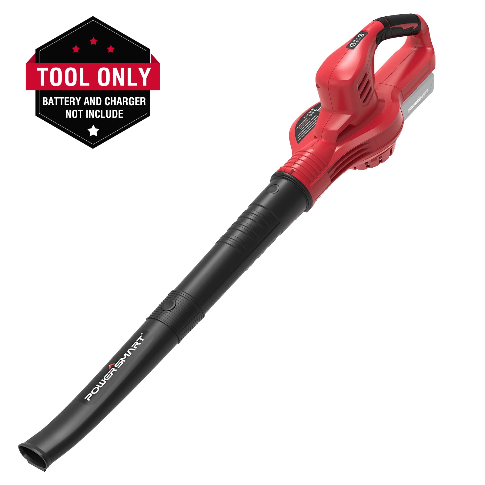PowerSmart PS76102 handheld blower beside a tool-only badge stating the battery and charger are not included.