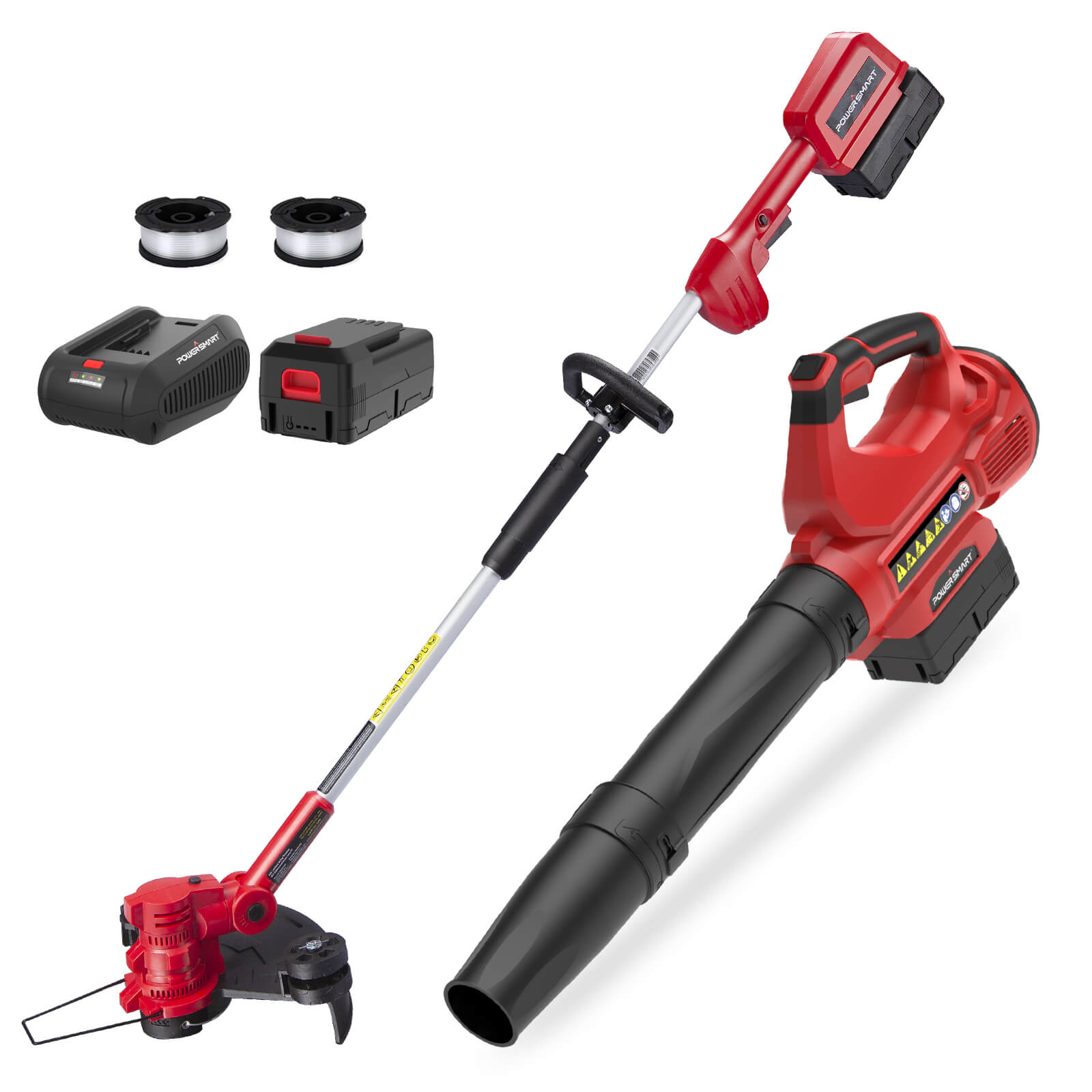 PowerSmart PS76500C kit graphic depicting a string trimmer/edger, handheld blower, 40V battery, charger and line spools.
