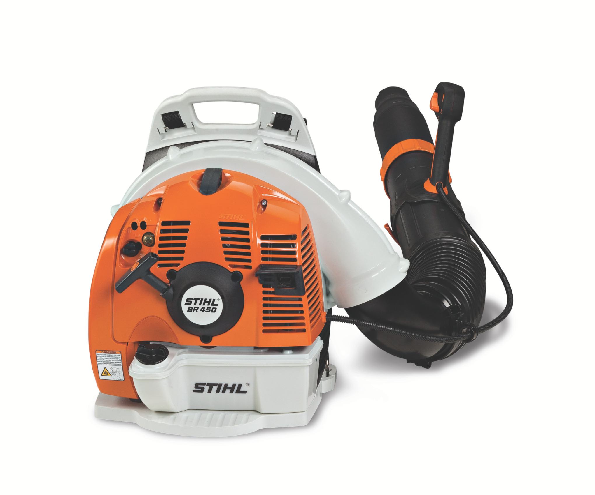 Se ven la insignia del motor STIHL BR 450, la mochila, la manguera del soplador y el conjunto de controles; imagen de muestra de la página del producto, no de una unidad probada.