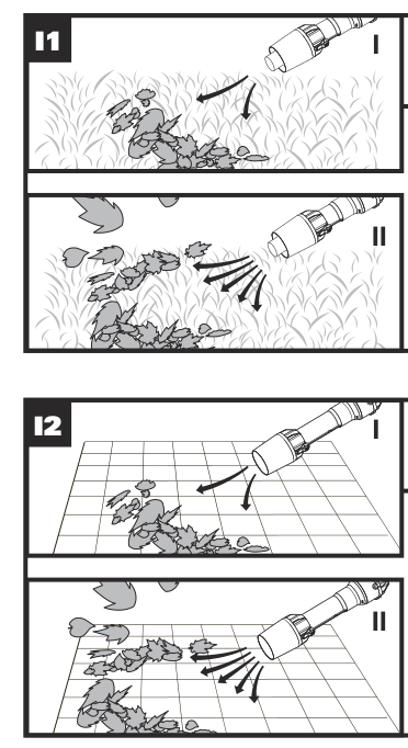 WORX manual line illustration showing two WG543 blower modes moving debris on grass and a hard surface.