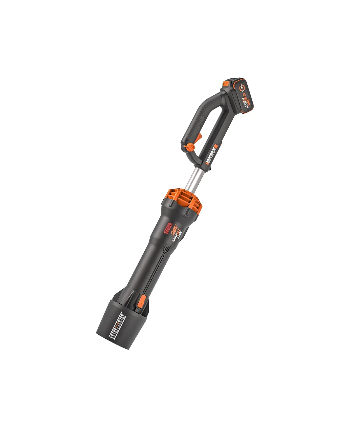 WORX WG550 20V LeafJet handheld blower with a battery attached.