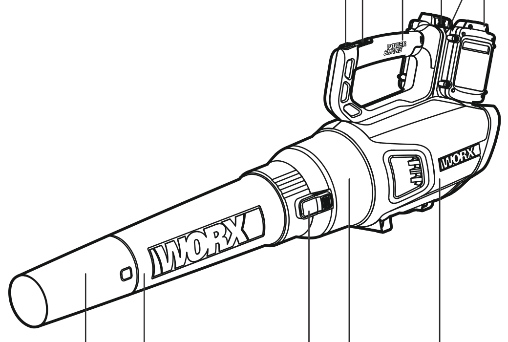 WORX manual line illustration of the handheld 40V TURBINE blower body; package contents are not shown.