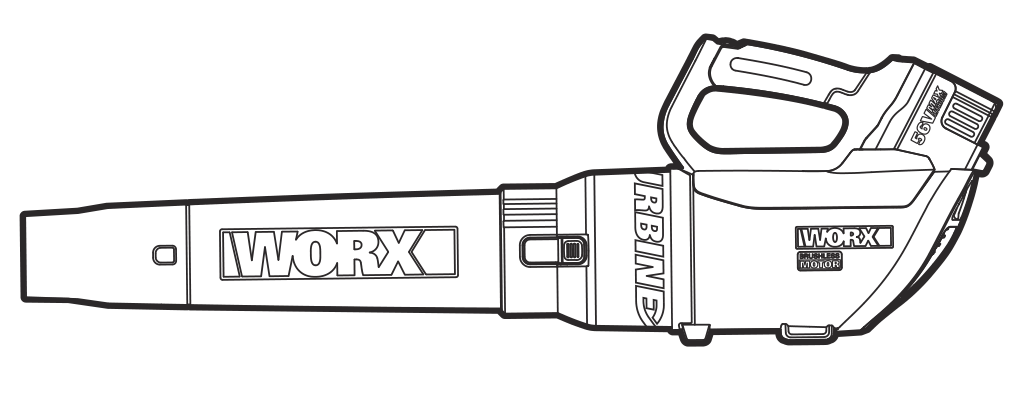 Cuerpo del soplador de mano TURBINE WORX WG591-family 56V en una ilustración lineal del manual del fabricante.